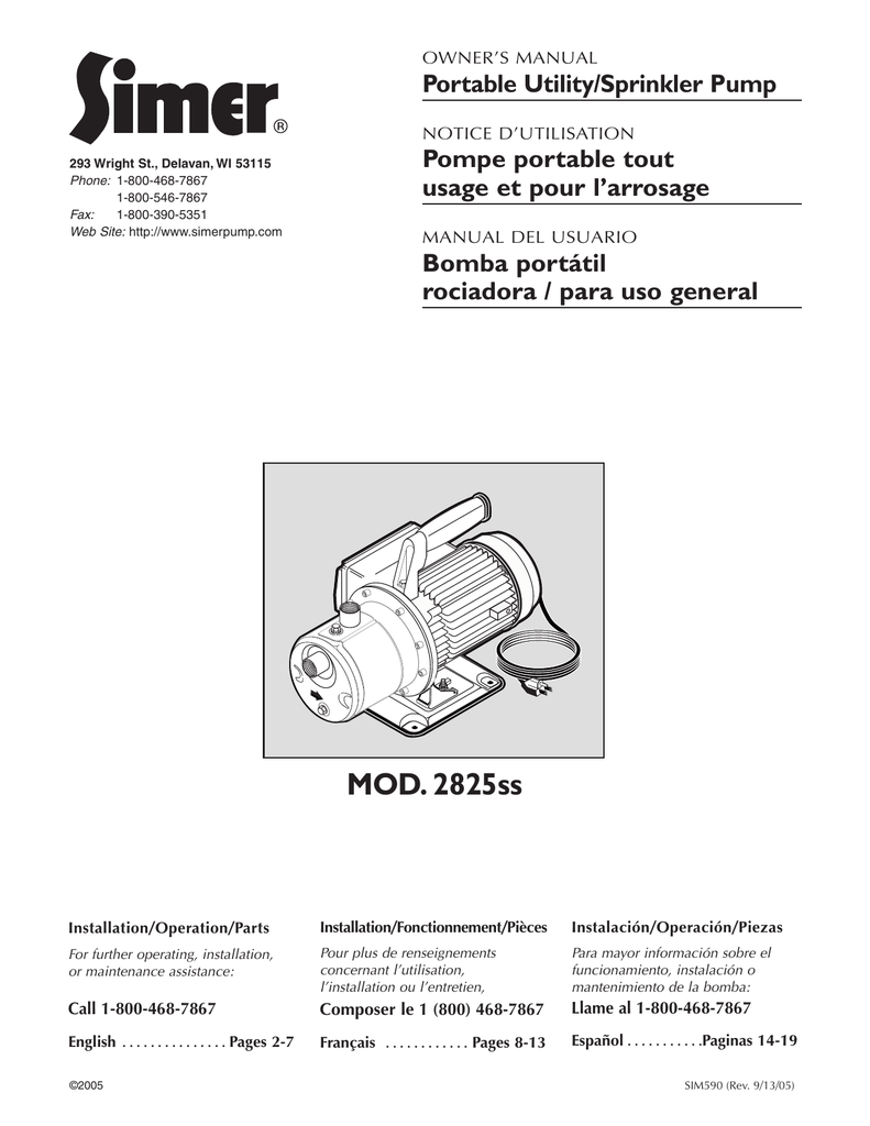 Simer PORTABLE UTILITY/SPRINKLER PUMP 2825SS User manual 2825SS