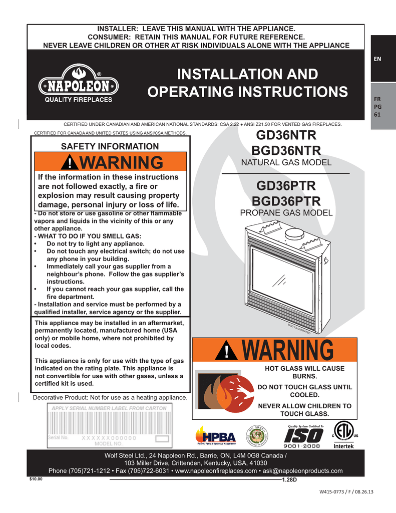 Click to see Napoleon GD36 Direct Vent Fireplace Owners Manual Manualzz