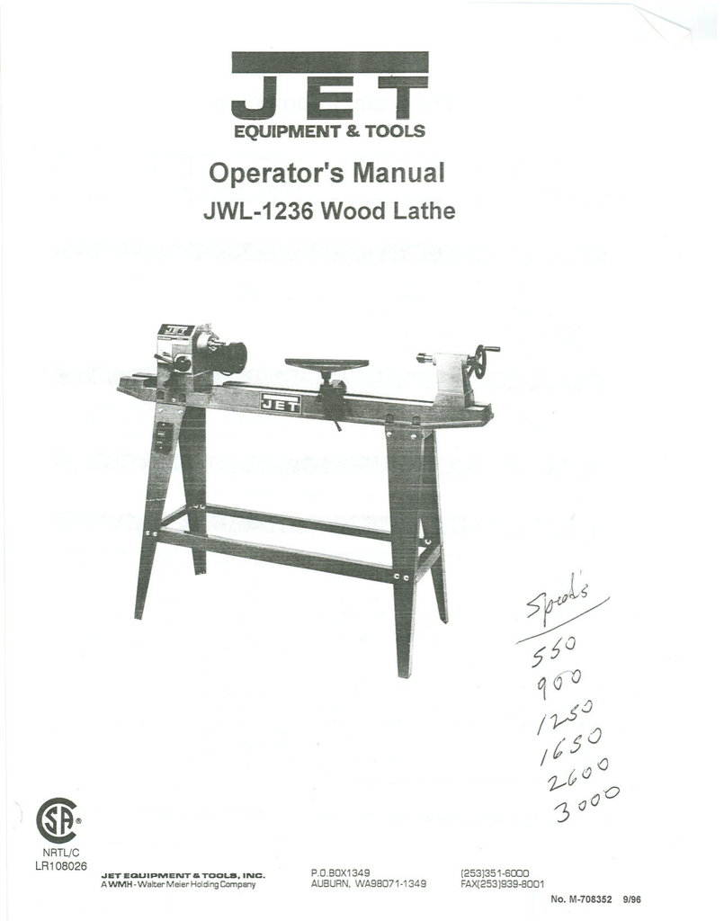 Jet   JWL-1236  Wood Lathe Operators  Manual *193 