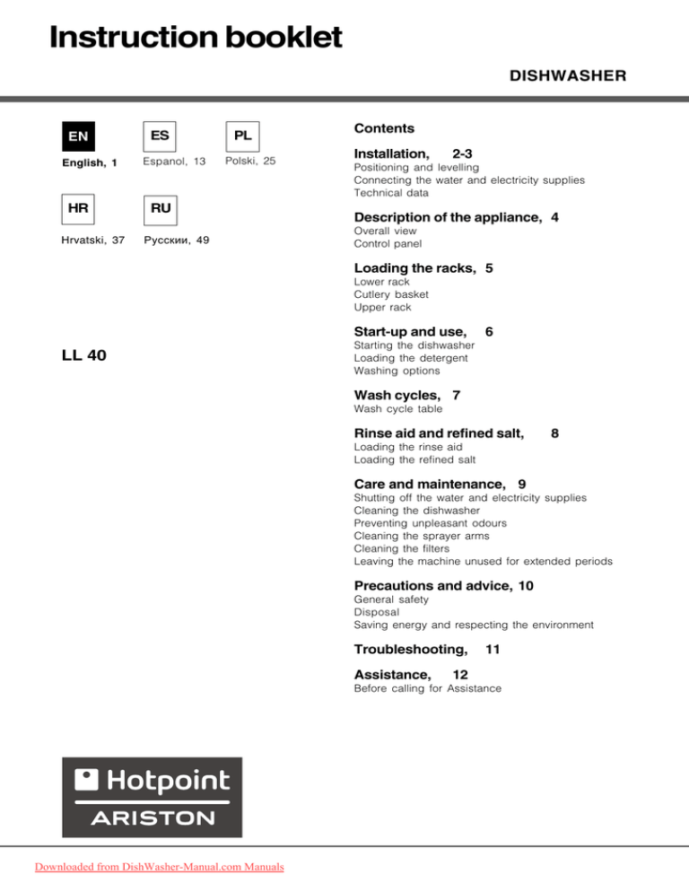 Hotpoint Ariston Ll 40 Dishwasher User Guide Manualzz