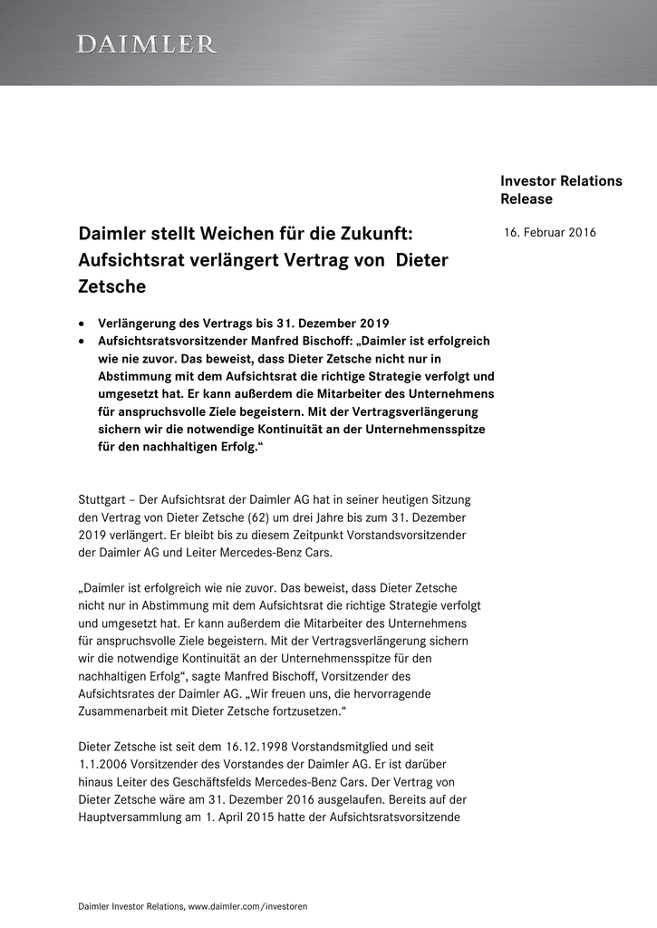 Daimler Stellt Weichen Fur Die Zukunft Aufsichtsrat Verlangert Vertrag Von Dieter Zetsche Manualzz