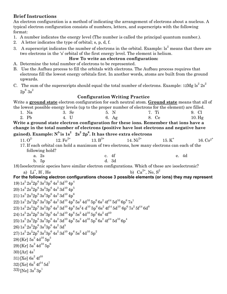 Electron Configurations Worksheet Answer Key