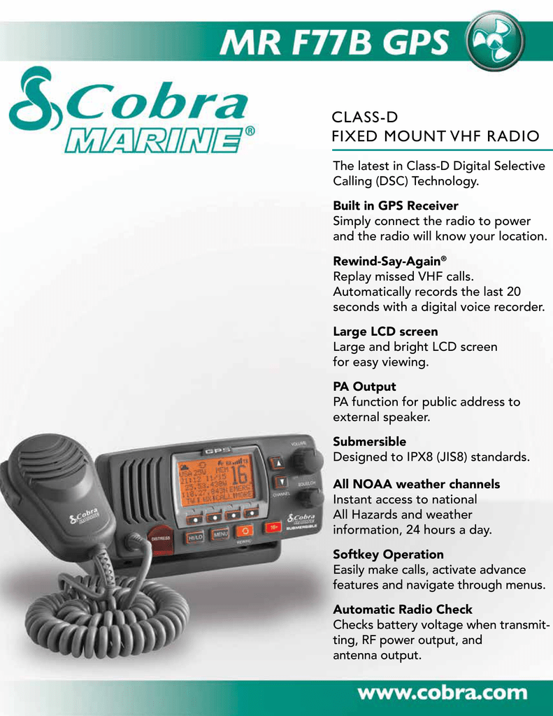 Cobra MR F77B GPS Marine Radio Spec sheet | Manualzz