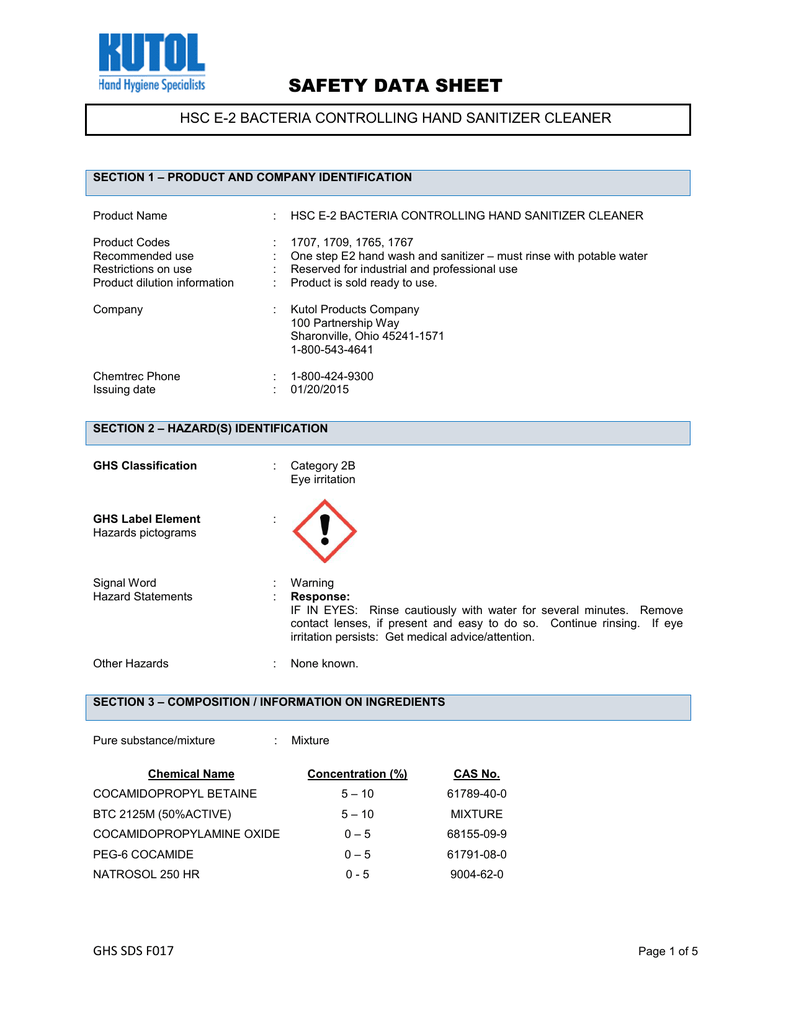 SAFETY DATA SHEET HSC E-2 BACTERIA CONTROLLING HAND ...