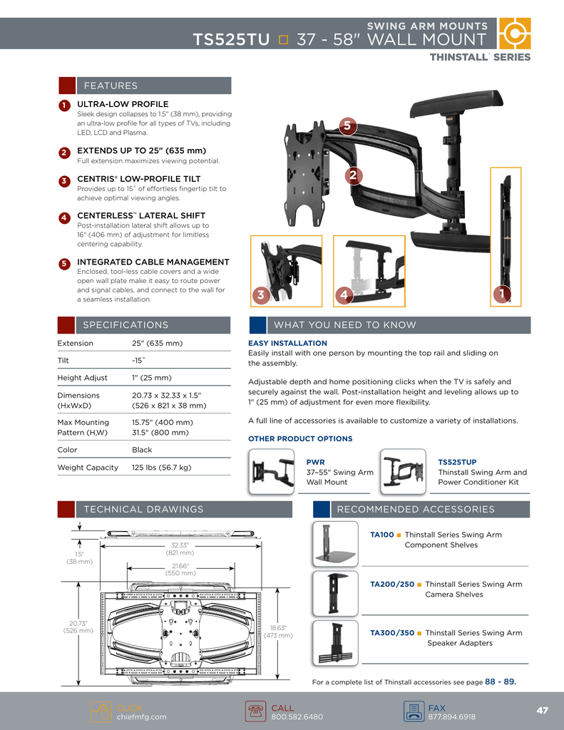 Chief TS525TU Thinstall Swing Arm Display Mount Specs Manualzz