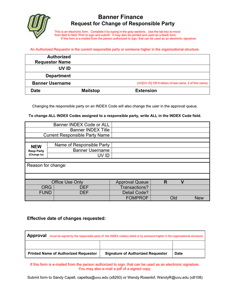 Banner Finance Request For Change Of Responsible Party Manualzz