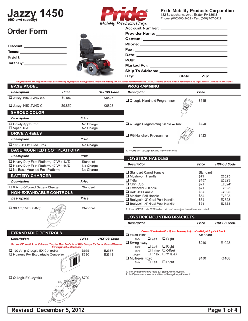 Jazzy 1450 Order Form Pride Mobility Products Corporation | Manualzz