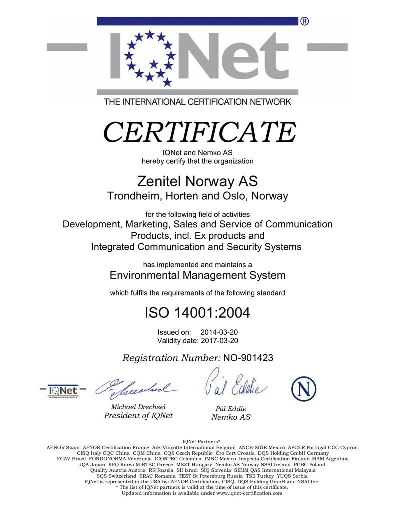 Certificate Zenitel Norway As Trondheim Horten And Oslo Norway Manualzz