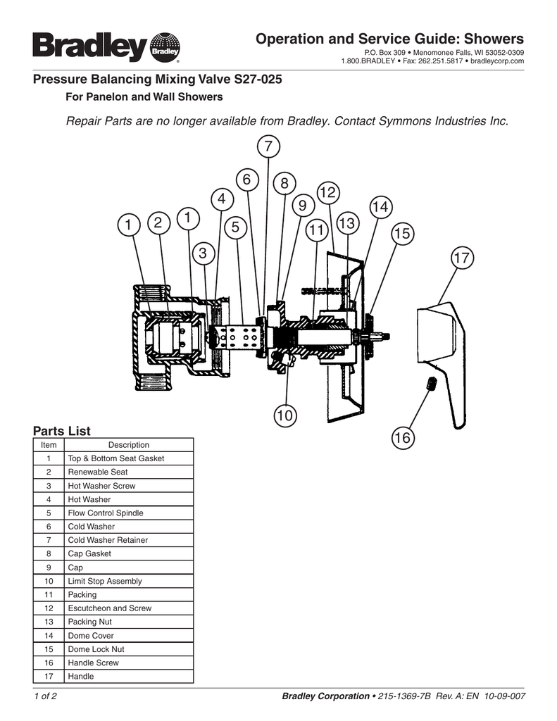 Pressure Balancing Mixing Valve S27 025 Symmons 215 1369