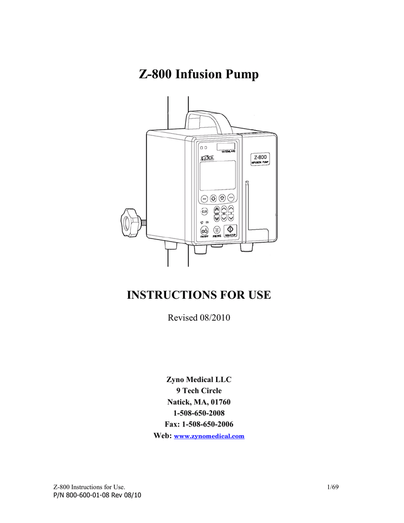 Z800 Infusion Pump INSTRUCTIONS FOR USE Zyno Medical LLC Manualzz
