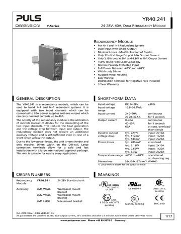 Puls DIMENSION YR40 DIN rails power supply din rail power supply U Transducers (Misc.) Data Sheet | Manualzz