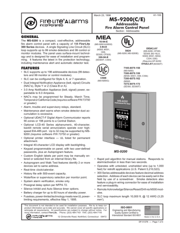 Fire•Lite MS-9200(C/E) Addressable Fire Alarm Control Panel ...