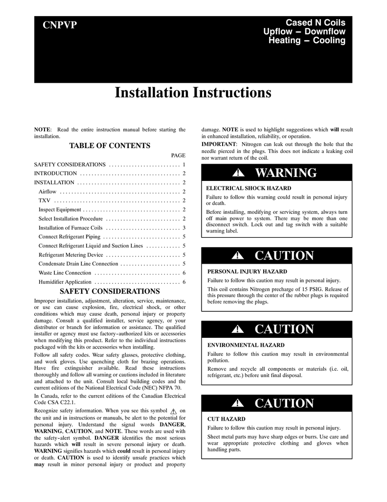 Installation Instructions CNPVP Cased N Coils Upflow --- Downflow ...