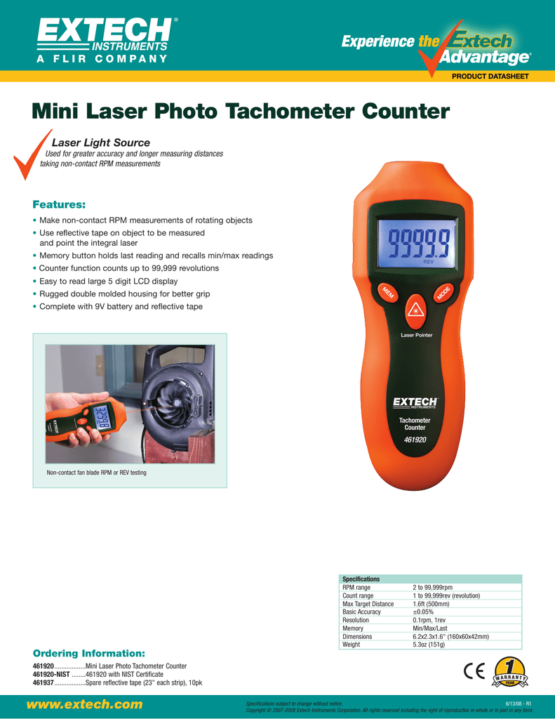 Extech 461920 Mini/Pocket-Size Laser Photo Tachometer