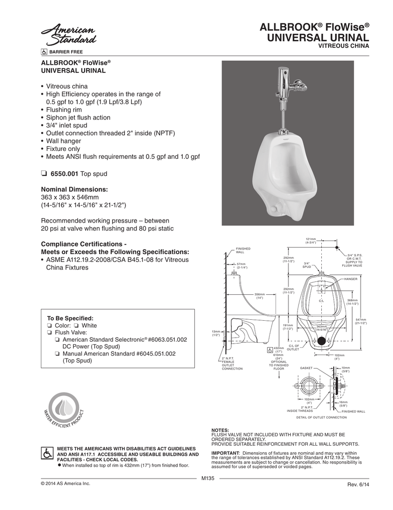 Zurn Z5738U Ultra Low Consumption ADA Urinal Dimensions, 47 OFF