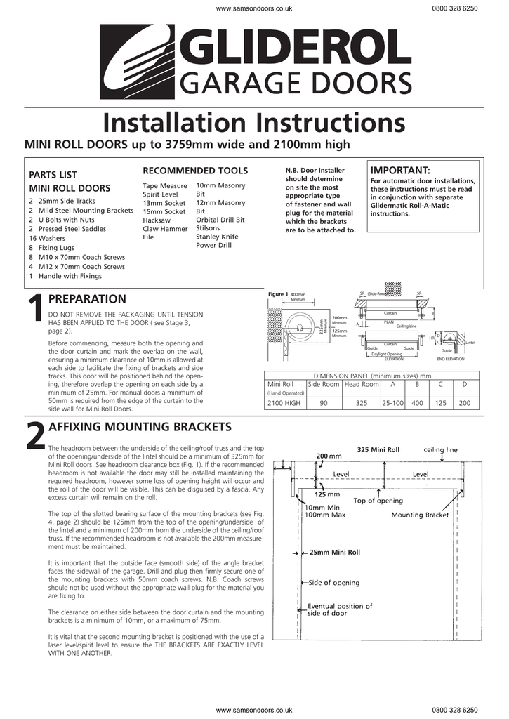 Gliderol Mini Roller Doors Installation, Garage Door Installation Instructions