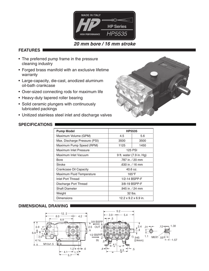 HP5535 Pressure washer pump datasheet | Manualzz