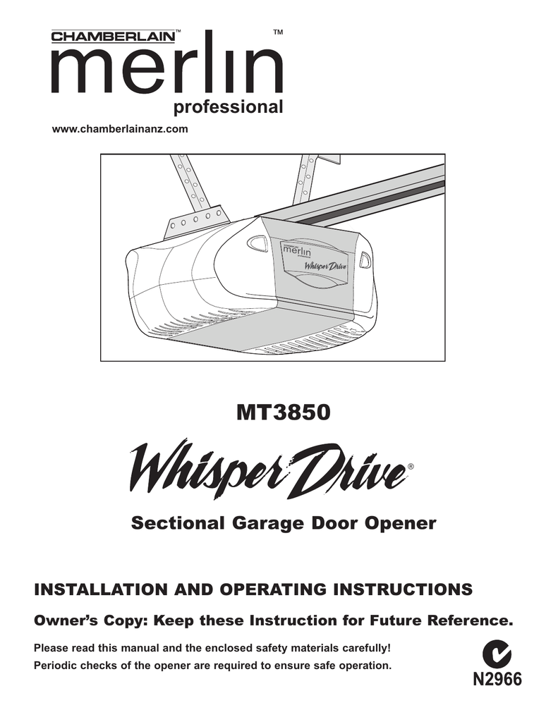 Chamberlain Merlin Whisper Drive MT3850 Installation And Operating