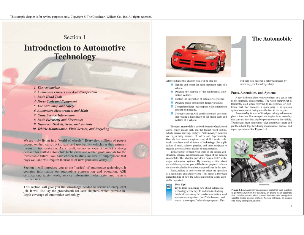 Introduction To Automotive Technology Section 1 Manualzz