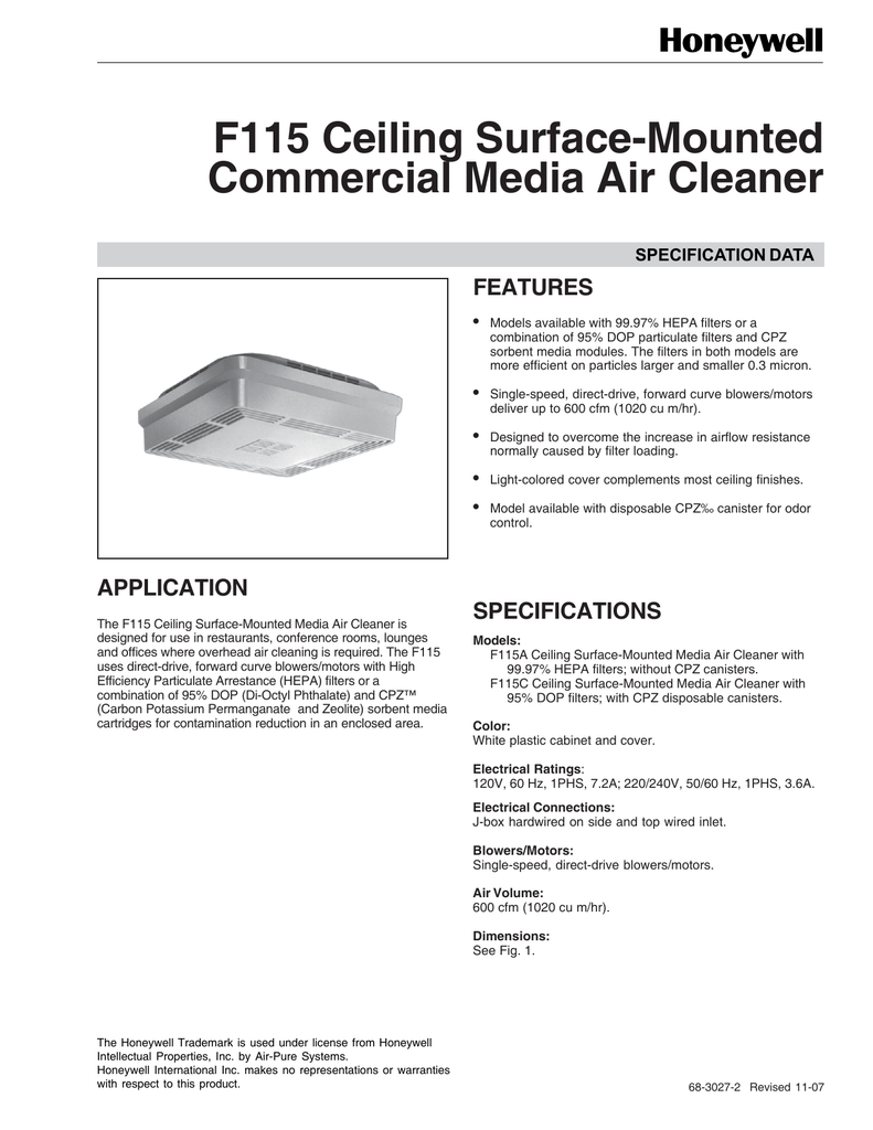 F115a1064 Spec Sheet For Honeywell F115a1064 Commercial Ceiling