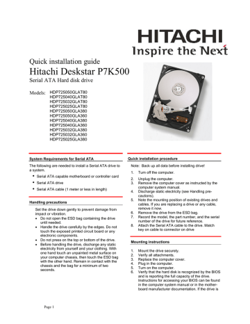 Deskstar P7K500 Installation Guide | Manualzz