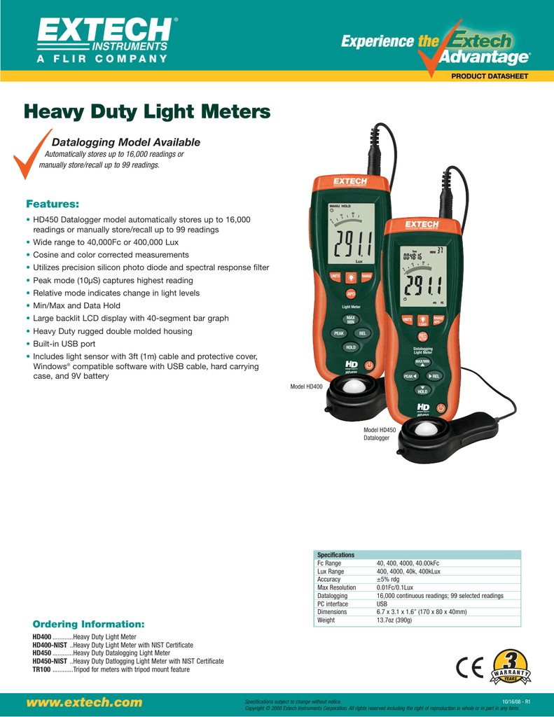 Extech HD450 Datalogging Heavy Duty Light Meter Light Meter 