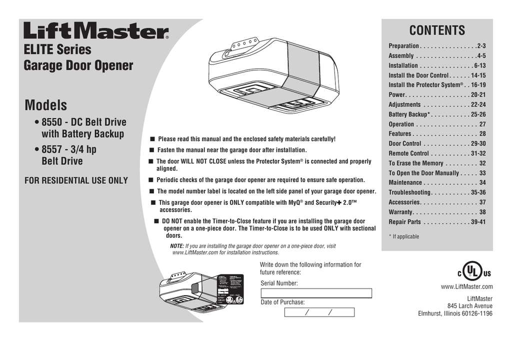 Chamberlain 8550 Owner S Manual Manualzz, How To Open Liftmaster Garage Door Manually From Outside