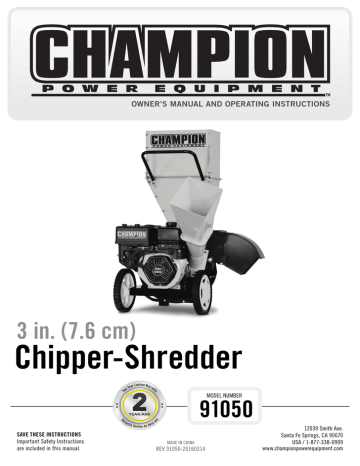 Chipper-Shredder 3 in. (7.6 cm) 91050 OWNER’S MANUAL AND OPERATING INSTRUCTIONS | Manualzz