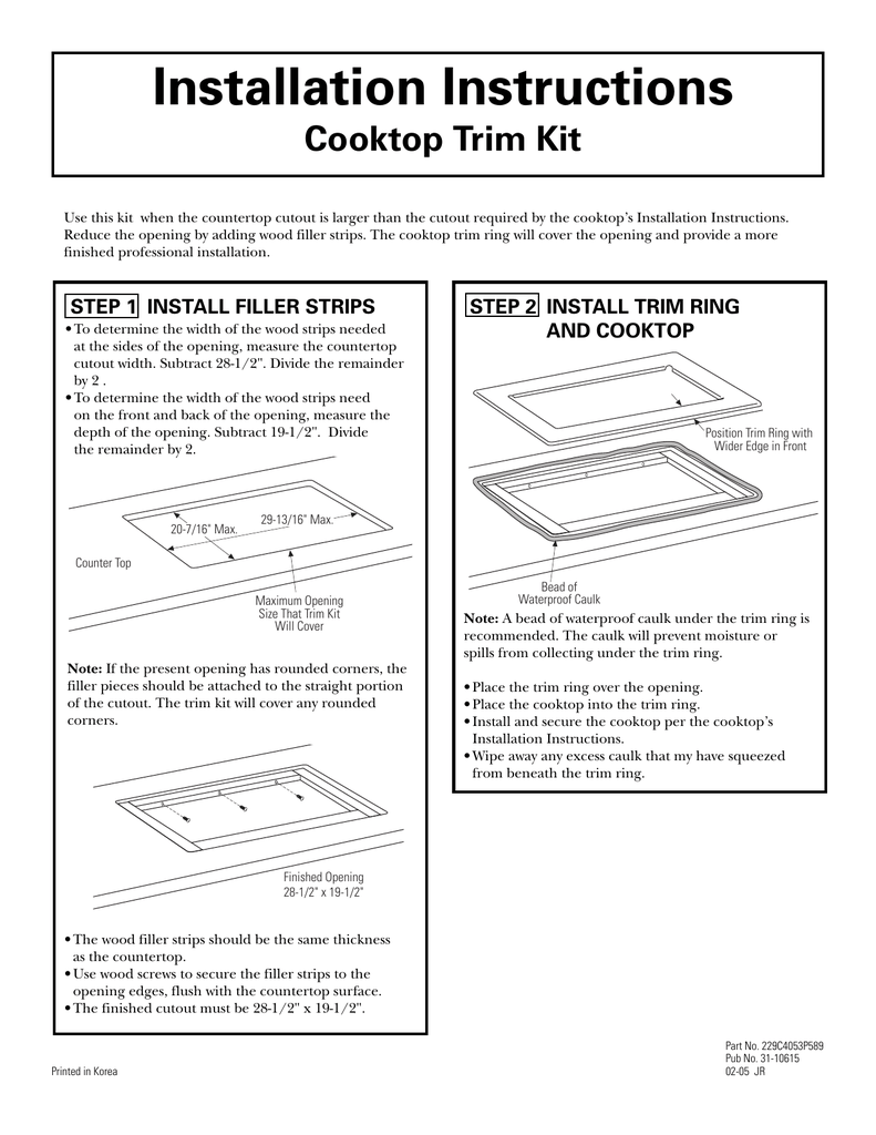 Installation Instructions Cooktop Trim Kit Manualzz Com