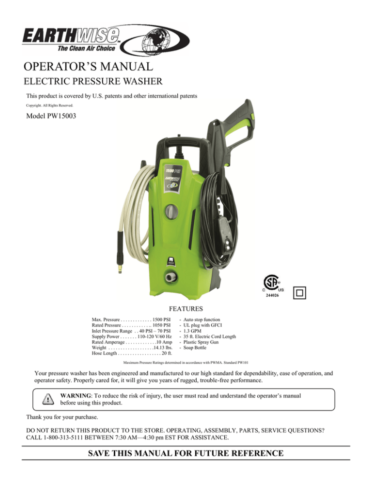 Kawasaki Ninja 2000 Psi Pressure Washer User Manual