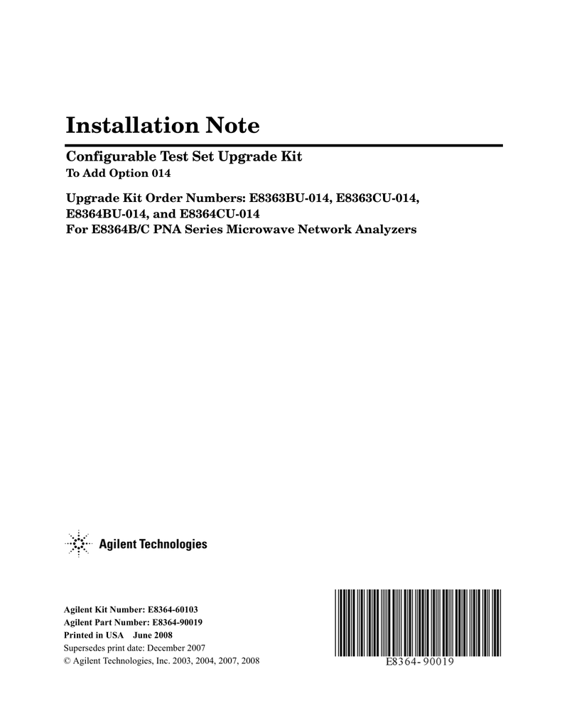 Agilent Technologies E836490019 Installation Note Manualzz
