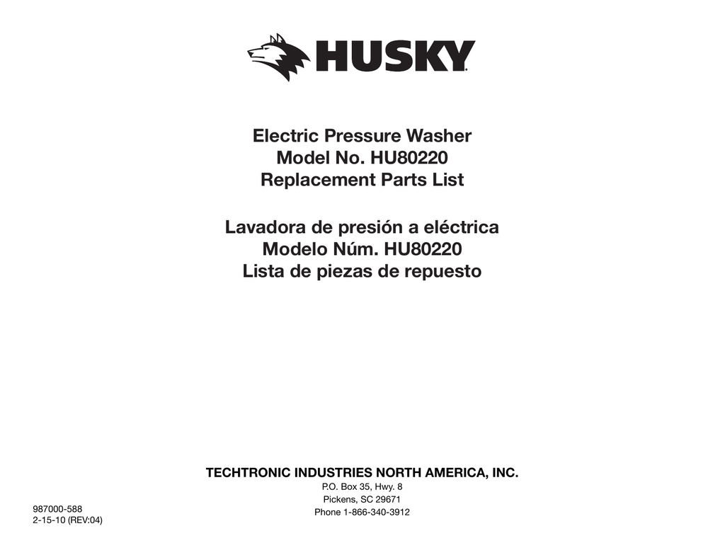 Hu80220 Husky Electric Pressure Washer Replacement Parts Manualzz Com