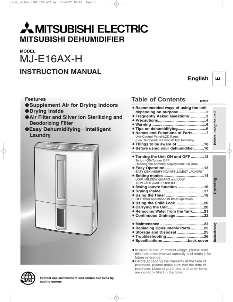 MJE16AXH MITSUBISHI DEHUMIDIFIER INSTRUCTION MANUAL Table of Contents