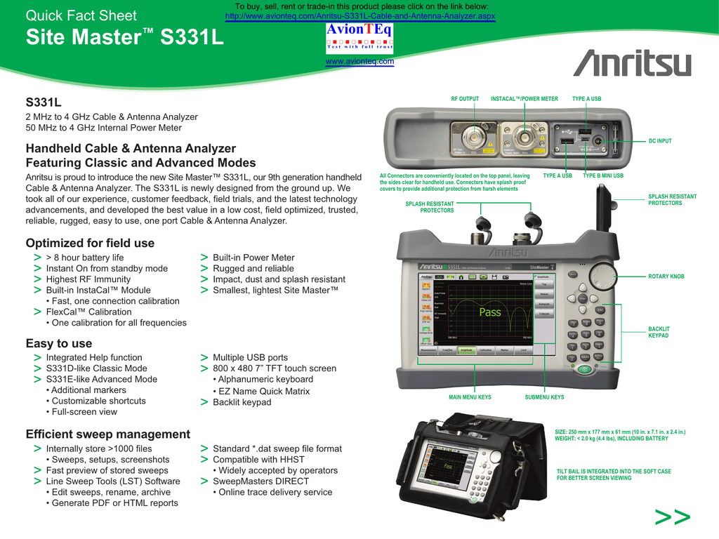 Anritsu Site Master S331L Specification Sheet | Manualzz