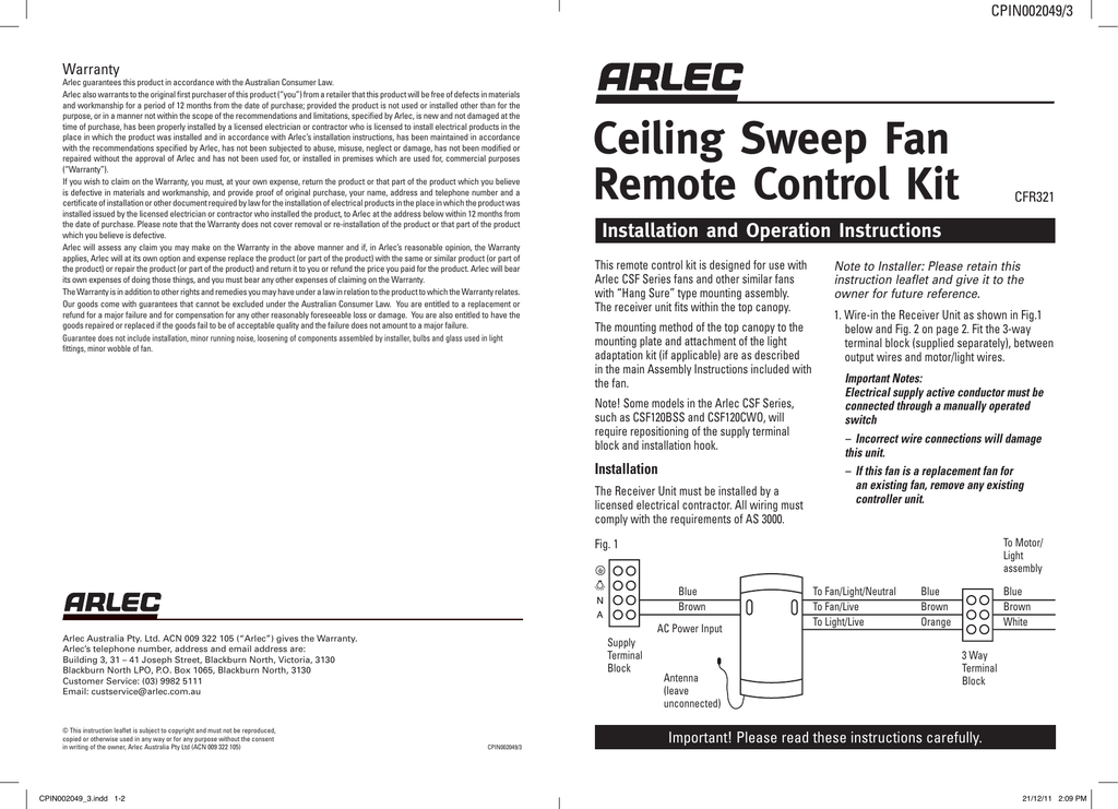 Arlec Ceiling Fan Remote Control Instructions