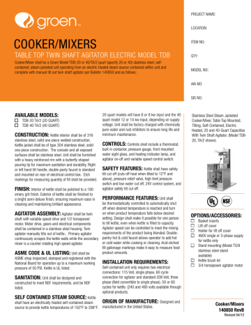 Groen Cooker/Mixers Table Top Twin Shaft Agitator Specification Sheet | Manualzz