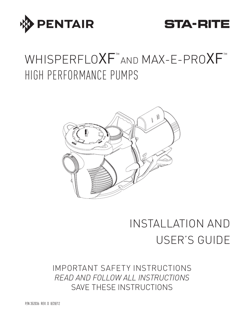 Pentair Whisperflo XF Variable Speed Pool Pump Installation and User