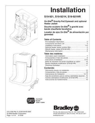 Components and Parts List. Bradley S19-921HR, On-Site S19-921, On-Site ...