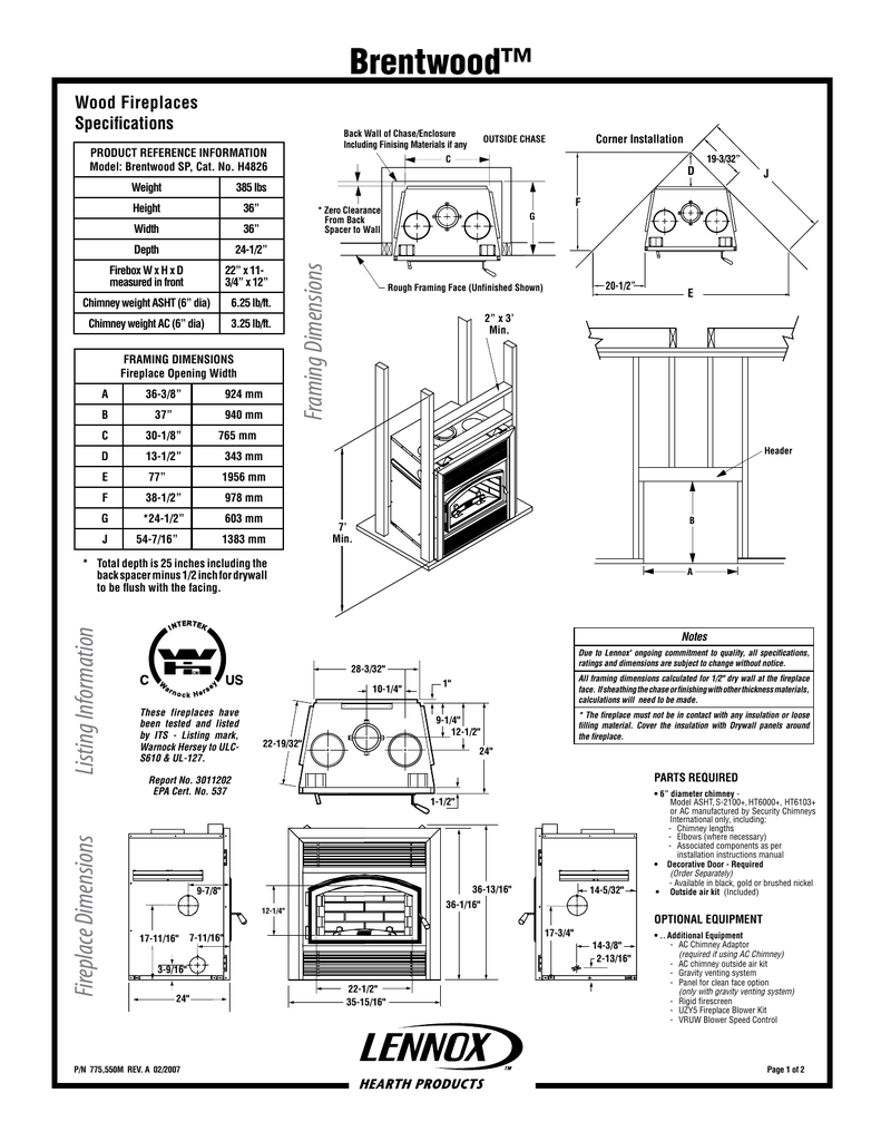 Brentwood Wood Fireplaces Specifications Manualzz