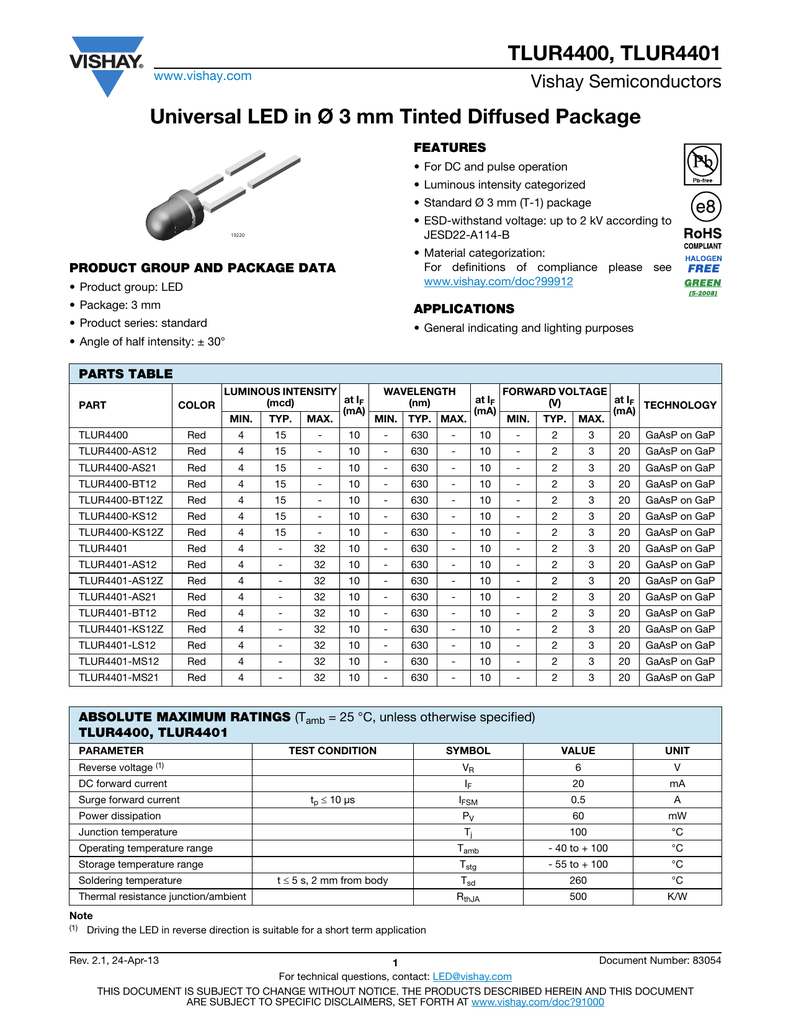 Tlur4400 Tlur4401 Universal Led In O 3 Mm Tinted Diffused Package Manualzz