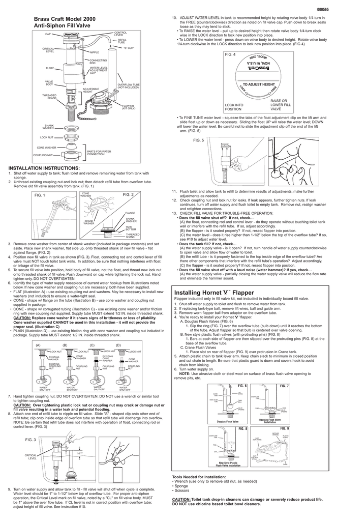 Brass Craft Model 2000 AntiSiphon Fill Valve INSTALLATION INSTRUCTIONS
