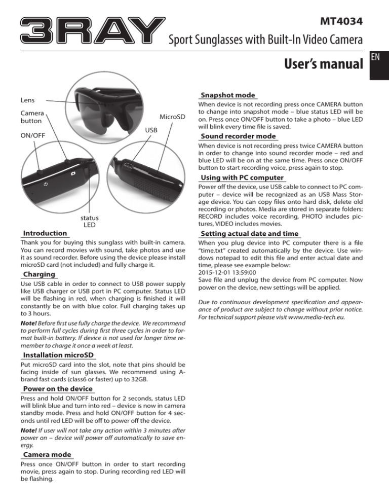3RAY User’s manual Sport Sunglasses with BuiltIn Video Camera MT4034