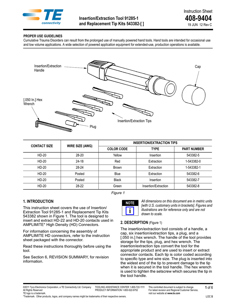 4089404 Instruction Sheet Insertion/Extraction Tool 912851 and