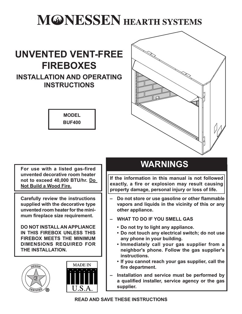Warnings Unvented Vent Free Fireboxes Installation And Operating