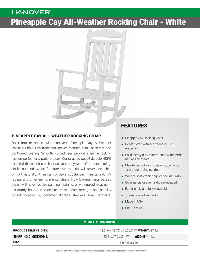 Pineapple Cay All Weather Rocking Chair White Features Manualzz