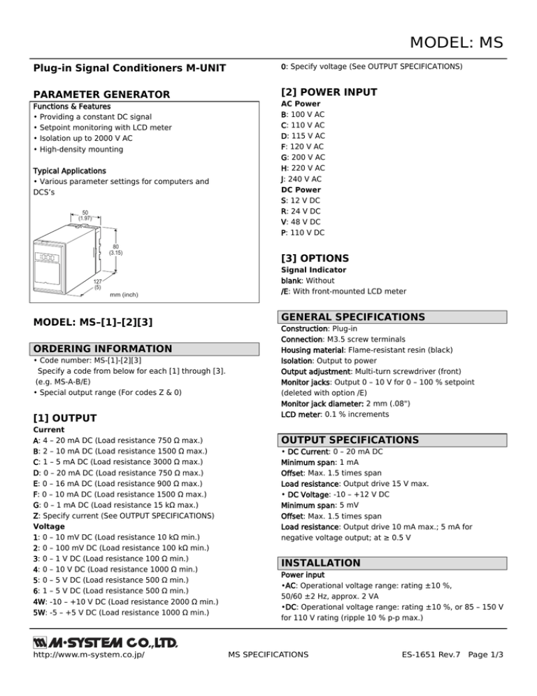 Model Ms Plug In Signal Conditioners M Unit 2 Power Input Parameter Generator Manualzz