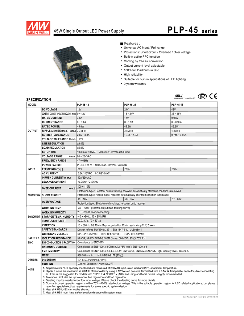 MW Mean Well PLC-45-24 24V 1.9A 45.6W Single Output LED Power Supply with PFC