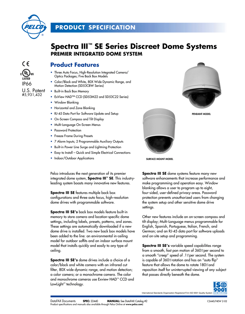 Pelco Sd53m22 P Cctv Dome Cameras Datasheet Manualzz