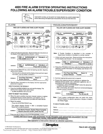 Simplex 4005 Fire Alarm Control Panel Operating Instructions Manualzz