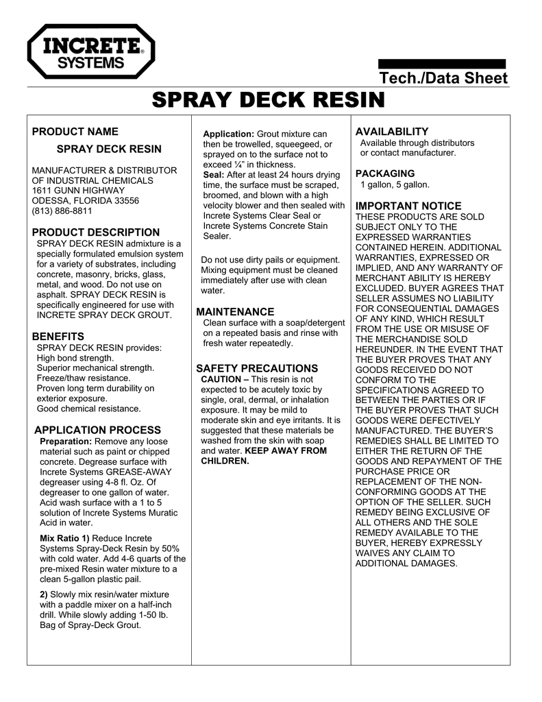 Spray Deck Texture Crete Resin By Increte Systems Technical Data Sheet Manualzz